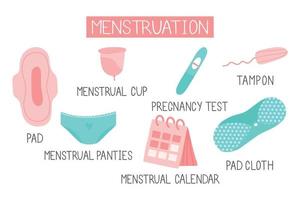 conjunto de ícones do período menstrual. copo menstrual, tampão, almofada, pílulas anticoncepcionais. produtos de higiene feminina. vetor