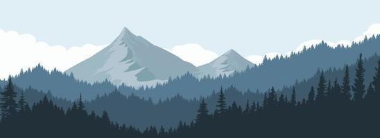 ilustração vetorial de paisagem de montanha e floresta e as nuvens acima das montanhas de manhã e à noite. vetor