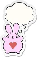 coelho de desenho animado fofo com coração de amor e balão de pensamento como um adesivo impresso vetor