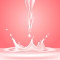 Conjunto de ilustração realista vetorial 3D, respingo e derramamento de leite com morango, produtos lácteos naturais realistas, gotas de iogurte ou creme de respingos, isoladas no fundo rosa. impressão, modelo, elemento de design vetor