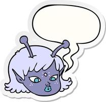 adesivo de bolha de fala e rosto de garota de espaço alienígena dos desenhos animados vetor