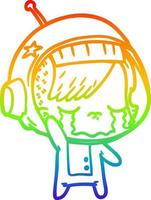 desenho de linha de gradiente de arco-íris desenho animado garota astronauta chorando acenando adeus vetor
