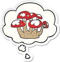 cogumelos de desenho animado e balão de pensamento como um adesivo impresso vetor