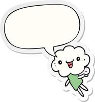 criatura de cabeça de nuvem de desenho animado e adesivo de bolha de fala vetor