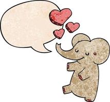 elefante de desenho animado e corações de amor e bolha de fala no estilo de textura retrô vetor