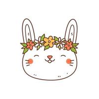 lindo coelhinho sorridente com uma coroa de flores isolada no fundo branco. ilustração vetorial desenhada à mão em estilo kawaii. perfeito para cartões, impressão, camiseta, pôster, decorações, logotipo. Personagem de desenho animado. vetor