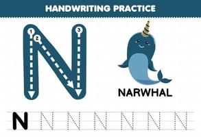 jogo educativo para prática de caligrafia infantil com letras maiúsculas n para planilha imprimível narwhal vetor