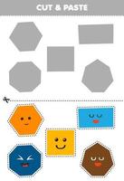 jogo de educação para crianças recortar e colar formas geométricas de desenho animado hexágono quadrado retângulo octógono heptágono para a parte correta planilha imprimível vetor