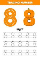 jogo de educação para crianças rastreando o número oito com planilha para impressão de abóbora laranja tema de halloween vetor