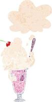 garota de refrigerante de sorvete de desenho animado e balão de pensamento em estilo retrô texturizado vetor