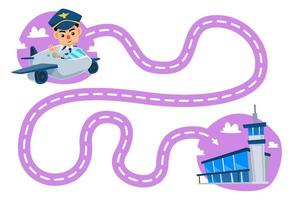 jogo educacional para prática de caligrafia infantil trace as linhas movem a profissão de piloto de desenho animado fofo para a planilha imprimível do aeroporto vetor