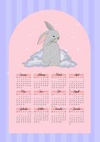 calendário 2023 com coelhos fofos. cartaz infantil. ano do gato e do coelho. símbolo de 2023. ilustração vetorial em cores da moda. vetor