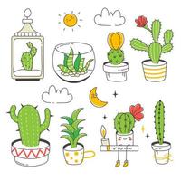 lindo conjunto de cactos. o design é perfeito para adesivos ou cartões. ilustração vetorial isolada em um fundo branco. vetor