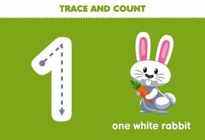 jogo de educação para crianças rastreando o número um e contando a planilha imprimível de coelho branco de animal de desenho animado fofo vetor