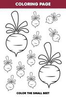 jogo de educação para crianças página de colorir imagem grande ou pequena de folha de trabalho imprimível de arte de linha vegetal de beterraba de desenho animado bonito vetor