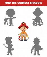 jogo de educação para crianças encontre o conjunto de sombras correto da planilha para impressão de bombeiro de profissão de desenho animado bonito vetor