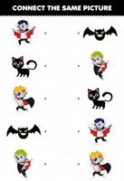 jogo de educação para crianças conectar a mesma imagem de desenho bonito drácula gato preto morcego planilha imprimível de halloween vetor