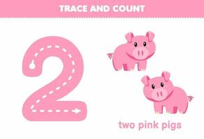 jogo de educação para crianças rastreando o número dois e contando a planilha imprimível de porco rosa de animal de desenho animado fofo vetor