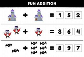jogo de educação para crianças adição divertida por adivinhar o número correto de bonito desenho animado morcego castelo drácula traje de halloween planilha imprimível vetor