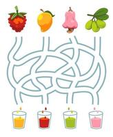 jogo de quebra-cabeça de labirinto para crianças par de frutas de desenho animado framboesa manga caju azeitona com a mesma planilha imprimível de cor de suco vetor