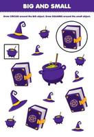 jogo de educação para crianças organizar por tamanho grande ou pequeno desenhando círculo e quadrado de desenho bonito chapéu de feiticeiro caldeirão livro mágico folha de cálculo imprimível de halloween vetor