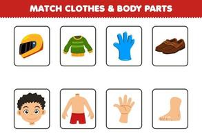 jogo de educação para crianças combinam roupas e parte do corpo para desenhos animados bonitos, luvas de leme, luvas, sapatos, planilha imprimível vetor