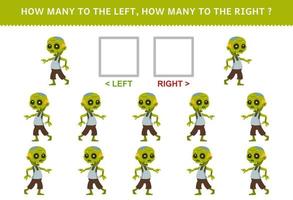 jogo de educação para crianças de contagem de imagens esquerda e direita da planilha imprimível de halloween zumbi bonito dos desenhos animados vetor