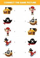 jogo de educação para crianças conectar a mesma imagem de desenho animado bonito baú de tesouro chapéu pirata menino papagaio navio folha de cálculo imprimível de halloween vetor