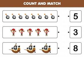jogo de educação para crianças contar o número de fantasia de pirata de navio bomba de desenho animado bonito e combinar com os números certos planilha imprimível de halloween vetor
