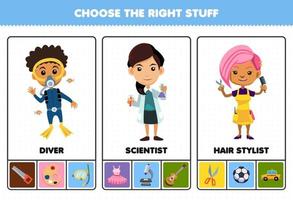 jogos de educação para crianças escolhem as coisas certas de profissão para planilha imprimível de cabeleireiro de cientista de mergulhador de desenho animado fofo vetor