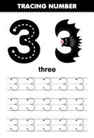 jogo de educação para crianças rastreando o número três com planilha para impressão de morcego preto tema de halloween vetor
