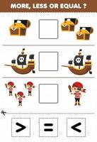 jogo de educação para crianças mais menos ou igual conte a quantidade de fantasia de pirata de navio de baú de tesouro bonito dos desenhos animados então corte e cole corte o sinal correto planilha de halloween