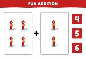 jogo de educação para crianças adição divertida por contagem e escolha a resposta correta da planilha imprimível do dia das bruxas da vela vermelha dos desenhos animados fofos vetor