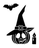 ilustração em vetor preto e branco simples desenhada à mão de uma silhueta de abóbora com um rosto esculpido em um chapéu com uma vela e um morcego para o halloween