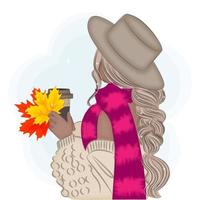 menina de chapéu com folhas de outono e café, moda, ilustração vetorial vetor