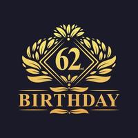 logotipo de aniversário de 62 anos, celebração de aniversário de 62 anos de luxo dourado. vetor