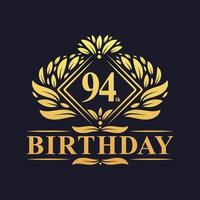 logotipo de aniversário de 94 anos, celebração de aniversário de 94 anos de luxo dourado. vetor