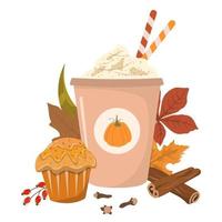 Latte de especiarias de abóbora com ilustração vetorial de creme e cupcake. bebida da temporada de outono em copo descartável e muffin. cartão de outono, design de cartão postal. vetor
