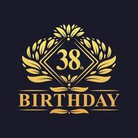logotipo de aniversário de 38 anos, celebração de aniversário de 38 anos de luxo dourado. vetor