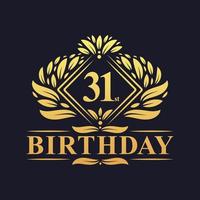 logotipo de aniversário de 31 anos, celebração de aniversário de 31 anos de luxo dourado. vetor