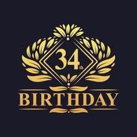 logotipo de aniversário de 34 anos, celebração de aniversário de 34 anos de luxo dourado. vetor