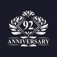 logotipo de aniversário de 92 anos, logotipo floral de 92º aniversário de luxo. vetor