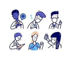 conjunto de caracteres médicos no estilo doodle vetor