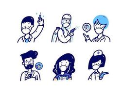 equipe médica doodle conjunto de avatar vetor