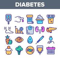diabetes, conjunto de ícones de vetor linear de diagnóstico de doenças