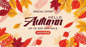 o layout de fundo de venda de outono decora com folhas para venda de compras ou pôster promocional e folheto de moldura ou banner da web. vetor