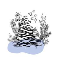 composição floral de natal com abetos e galhos de folhas em estilo simples de doodle desenhado à mão para cartões, convites, ilustração vetorial de banner vetor