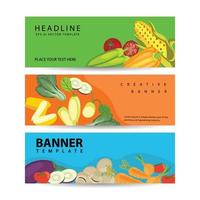 três banners horizontais com legumes e frutas coloridas em ilustração vetorial de estilo realista vetor