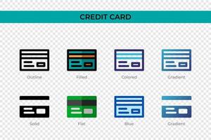 ícone de cartão de crédito em estilo diferente. ícones vetoriais de cartão de crédito projetados em estilo de contorno, sólido, colorido, preenchido, gradiente e plano. símbolo, ilustração do logotipo. ilustração vetorial vetor