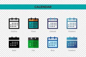 ícone de calendário em estilo diferente. ícones de vetor de calendário projetados em estilo de contorno, sólido, colorido, preenchido, gradiente e plano. símbolo, ilustração do logotipo. ilustração vetorial